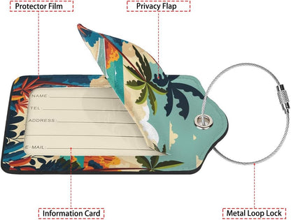 Cartoon Summer Beach 2 Pcs Luggage Tags,Privacy Cover ID Label with Stainless Steel Loop and Address Card for Travel Bag Suitcase