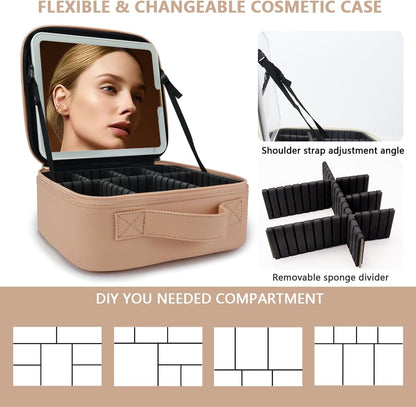 Travel Makeup Bag for Makeup Artists Large Makeup Case,with Mirror 3 Color Setting and Detachable 10x Magnifying Mirror Travel Makeup Bag,Portable Storage and Adjustable Dividers（khaki）