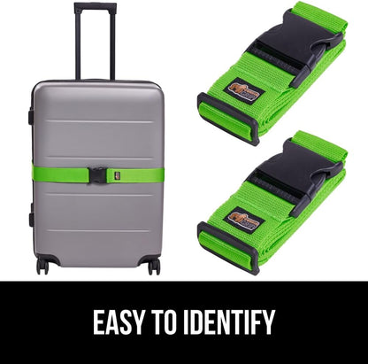 GORILLA GRIP Heavy Duty Adjustable Luggage Straps for Suitcases, Easy to Identify Travel Belt Connector Holds Suitcase Together, Holiday Travel Gift, Stocking Stuffer, Accessories, 2 Pack Green