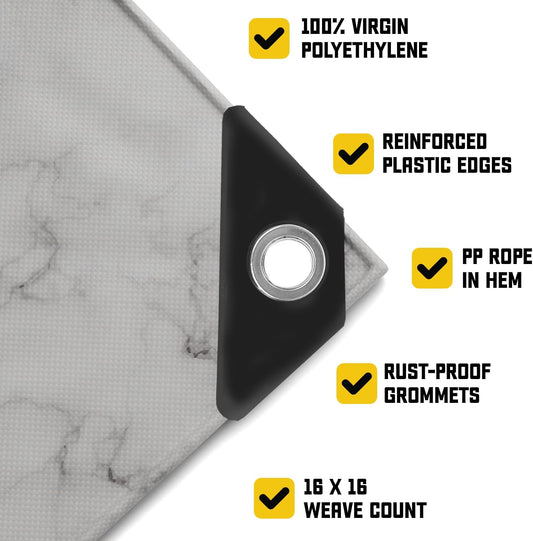 Core Tarps Extreme Heavy Duty 20 Mil Tarp Cover, Waterproof, UV Resistant, Rip and Tear Proof, Poly Tarpaulin with Reinforced Edges for Roof, Camping, Patio, Pool, Boat (Marble/White 12′ X 12′)