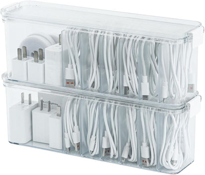 Yesesion 2 Pack Cord Organizer Box with Lid, Clear Desk Drawer Accessories Storage Case for Home Office Supplies, Art Crafts, Phone Charger, USB Cables, Marker Pen, Pencil Holder