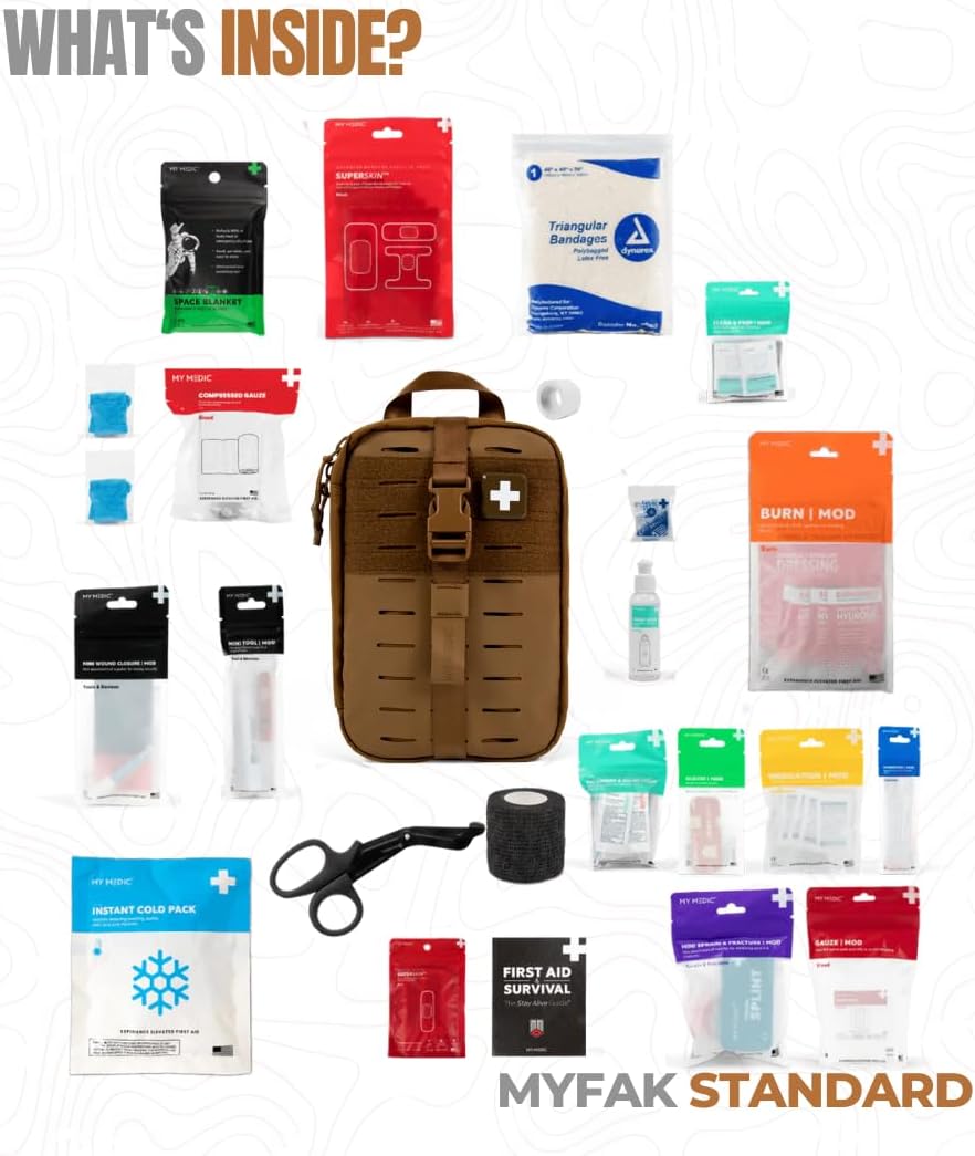 MY MEDIC MyFAK Standard - Ifak First Aid Kit - HSA FSA - 132 Life Saving Trauma and Medical Items - Survival Kit for Camping or Your Car - Coyote
