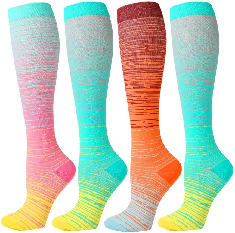 Kickticks 4 Pairs Compression Socks for Woman & Man Unisex 20-30mmHg Knee high Plus Size Wide Calves for Flying Running…