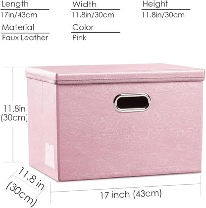 PRANDOM Large Collapsible Storage Box with Lid [1-Pack] Leather Fabric Foldable Storage Bin Organizer Container Basket Cube with Cover for Home Bedroom Closet Office Nursery Pink (17.7x11.8x11.8)