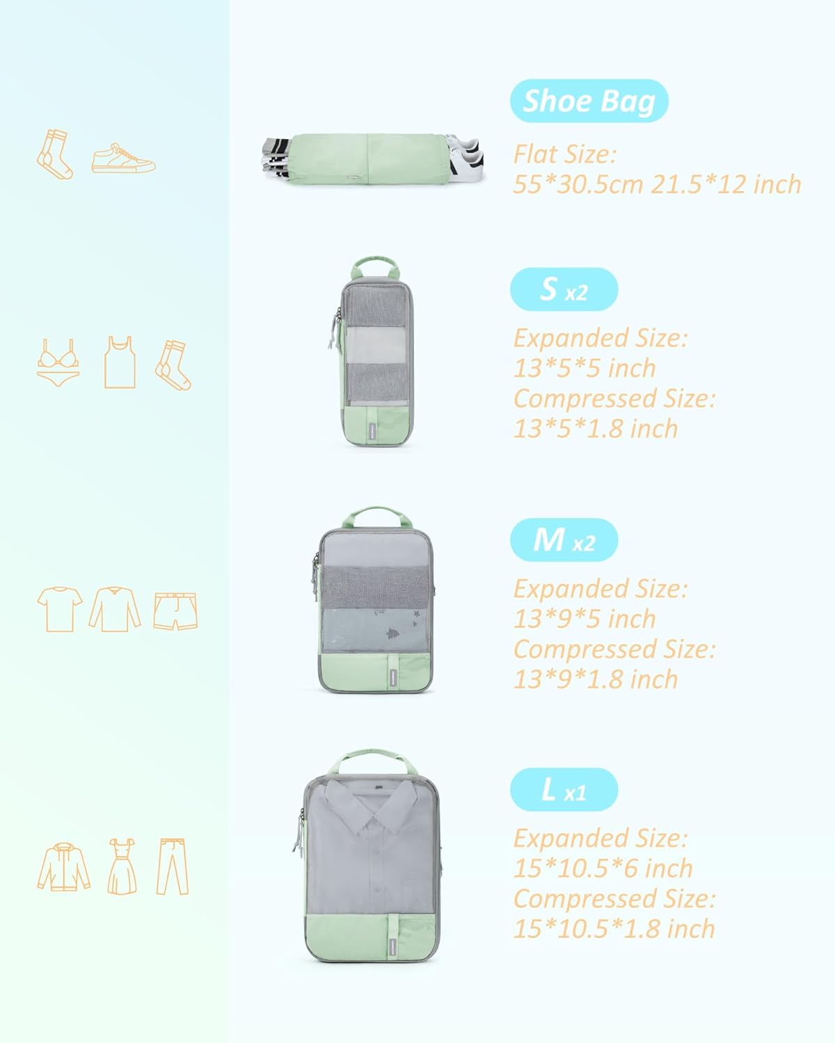 BAGSMART 6 Set Compression Packing Cubes - Lightweight Travel Essentials, Durable Luggage Organizer