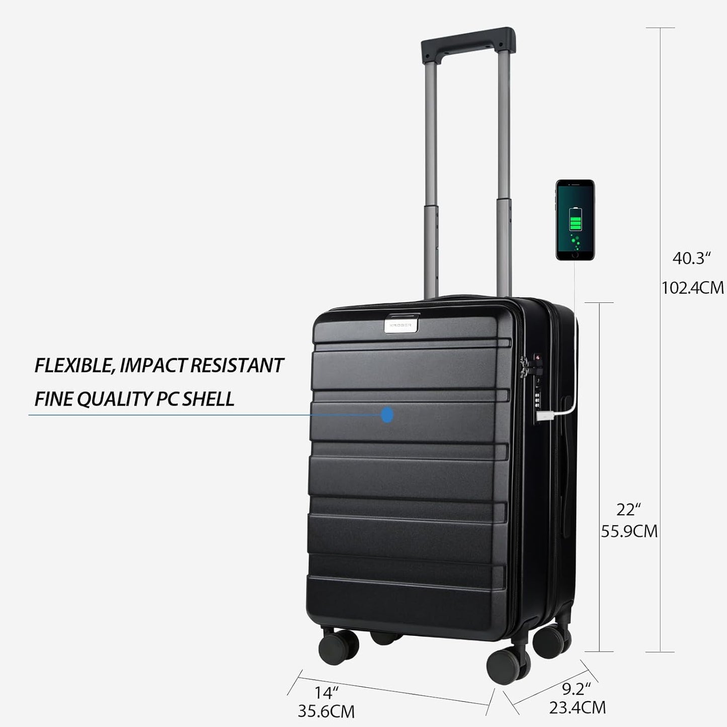 KROSER Carry On Luggage with Spinner Wheels & Built-in TSA Lock, Expandable Top Loading Hard Shell Suitcase Large Capacity Durable Rolling Luggage with USB Port, Carry-On 20-Inch, Black