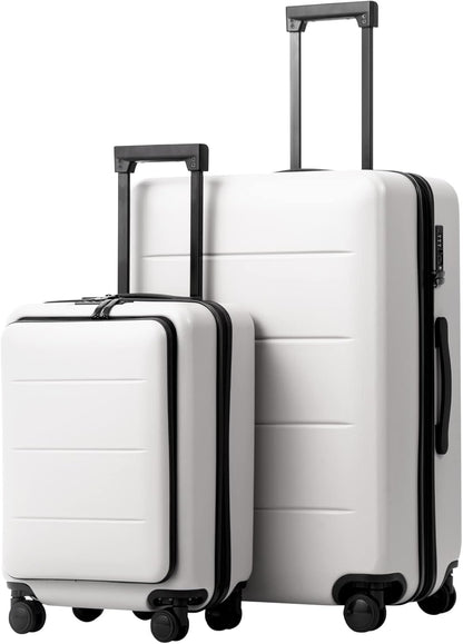 Coolife Luggage Suitcase Piece Set Carry On ABS+PC Spinner with pocket Compartment(White, 2-piece Set)