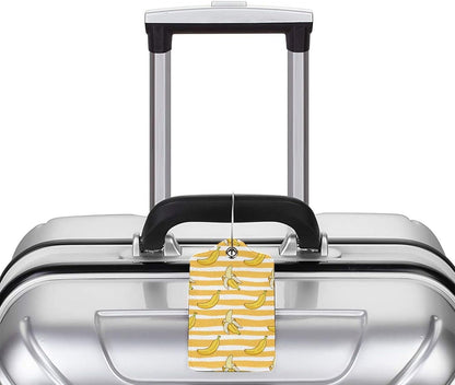 2 Packs Bananas Crew Luggage Tag for Adult Kids, Cute Yellow Background Fruit Suitcase Tag Labels Leather Travel Baggage Identifiers Tags with Full Back Privacy Name ID Card