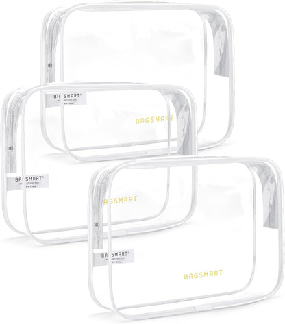 BAGSMART Clear Toiletry Bag, 3 Packs TSA Approved Water Resistant Quart Size Travel Organizer, Airport Airline Travel Essential Carry On Makeup Cosmetic Bags for Women, White