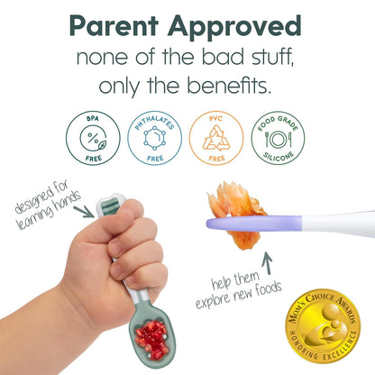 NumNum Baby Spoons Set, Baby Essentials Pre-Spoon GOOtensils for 6+ Months, First Stage Self-Feeding Spoons for Baby Led Weaning (BLW), Silicone Toddler Utensils, BPA-Free, 2 Pack Blue/Orange
