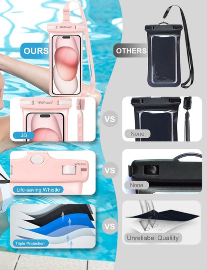 wellhouse Waterproof Phone Pouch, Waterproof Phone Case for iPhone 16 15 14 13 12 Pro Max XS Samsung, IPX8 3D Cellphone Dry Bag Beach Essentials (2 Pack -Pink & White7.0, 7 inch)