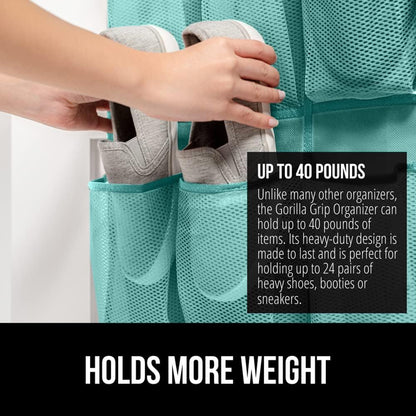 GORILLA GRIP Over the Door Shoe Organizer, 24 Large Breathable Mesh Pockets, Space Saving Hanging Storage Holder, Closet Rack Hanger Holds Up to 40 lbs, Hangs on Closets, Shoes, Accessories, Turquoise