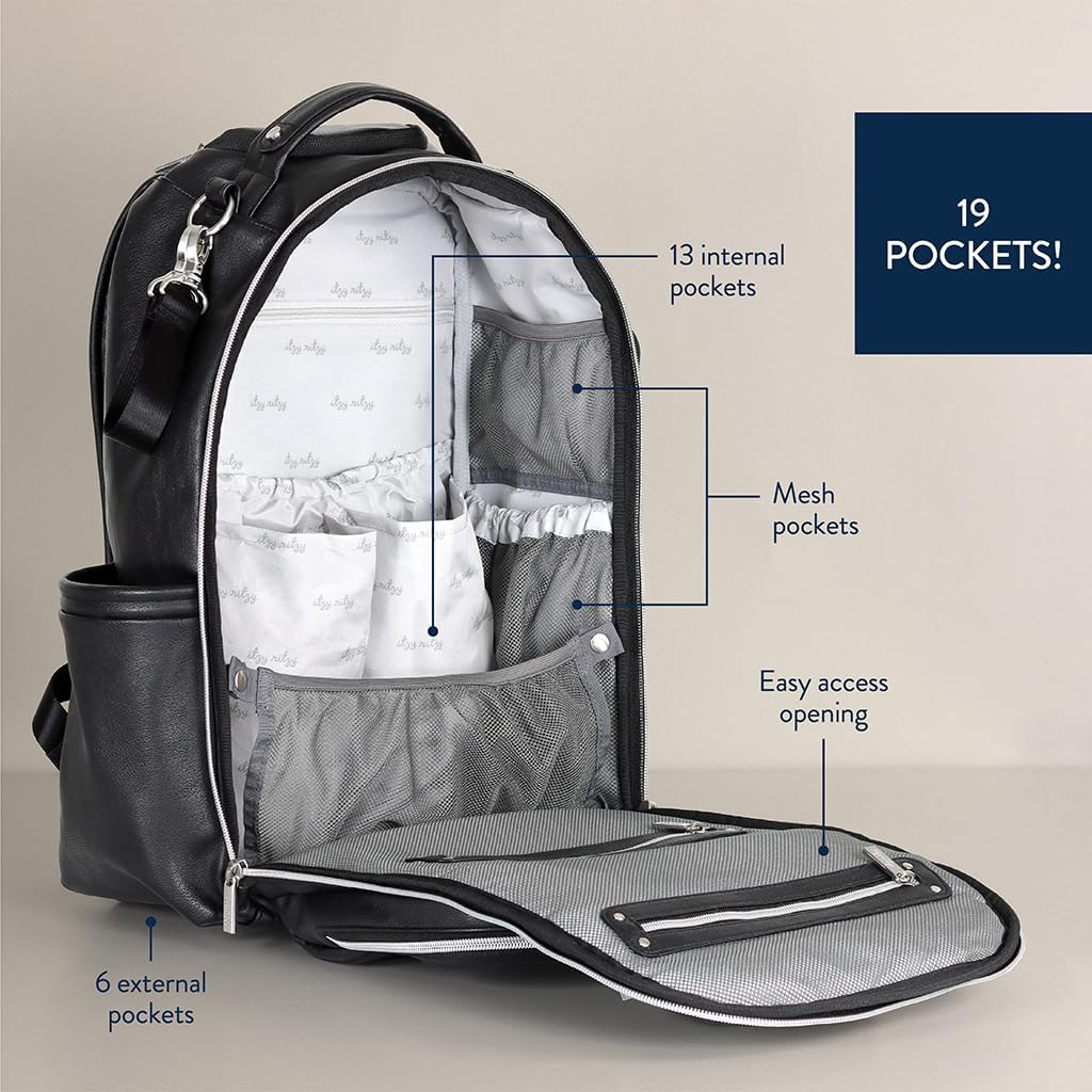 Itzy Ritzy Diaper Bag Backpack – Large Capacity Boss Plus Baby Backpack Diaper Bag Featuring 19 Pockets, Changing Pad, Stroller Clips, and Comfortable Straps (Black with Silver Hardware)
