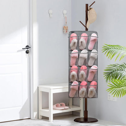 Dual Sided Hanging Shoe Organizer for Closet with Rotating Hanger Hanging Shoe Rack Holder with 24 Large Pockets (Grey-Mesh Pockets)