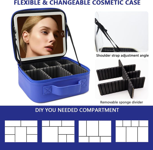Travel Makeup Bag with LED Lighted Mirror, Travel Makeup Organizer,3 Color Setting Cosmetic Makeup Box, Adjustable Dividers and Brush Holder（dark blue）