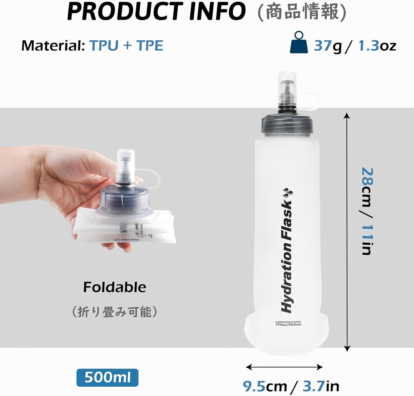TRIWONDER TPU Collapsible Flask BPA-Free Soft Folding Water Bottles for Hydration Pack - Ideal for Running Hiking Cycling Climbing (500ml/16.9oz - White - Pack of 2)
