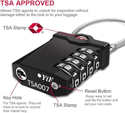 ZHEGE TSA Approved Locks for Luggage, Cable Locks with White Number, 4 Digit Combination Locks with Inspection Indicator for Suitcase, Backpack, Baggage, Code Padlocks for Locker (2 Pack, Black)