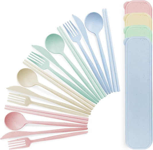 4 Sets Reusable Travel Utensils Set with Case, TWUTGAYW Portable Camping Utensil Set, BPA Free Spoon Knife Fork Chopsticks Tableware for Kids, Plastic Cutlery Set for Lunch Picnic Daily Use(4 Colors)