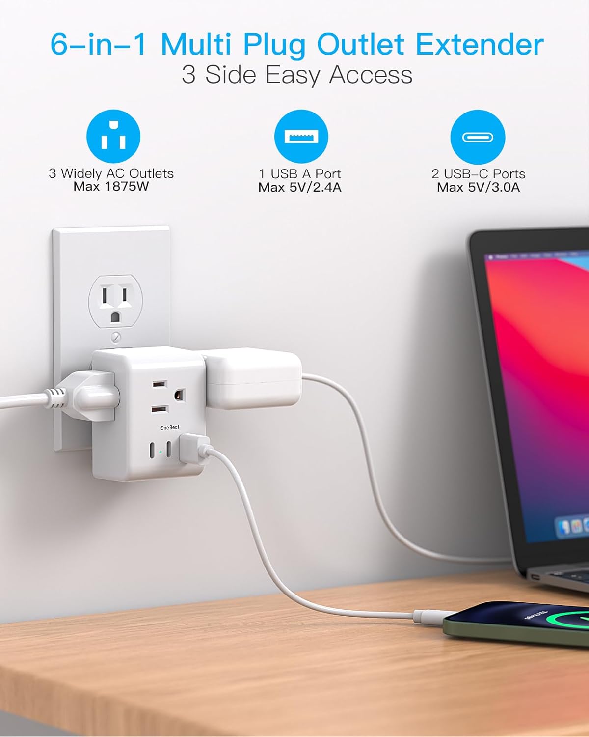 Multi Plug Outlet Extender, Power Strip Non Surge Protector Electric Outlet Splitter with 3 USB Wall Charger (2 USB C), Multiple Outlet Expander for Cruise, Dorm, Travel, Home, Office(White)