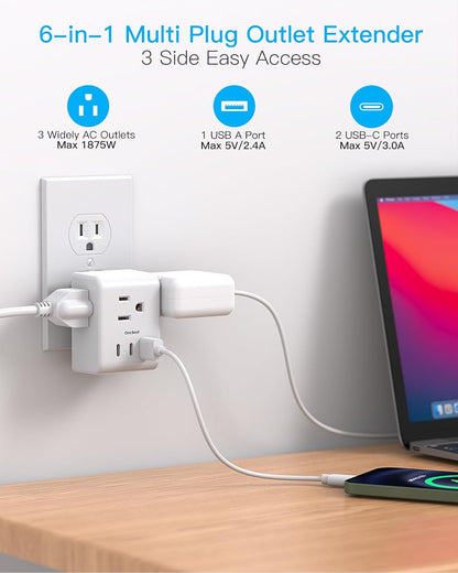 Multi Plug Outlet Extender, Power Strip Non Surge Protector Electric Outlet Splitter with 3 USB Wall Charger (2 USB C), Multiple Outlet Expander for Cruise, Dorm, Travel, Home, Office(White)