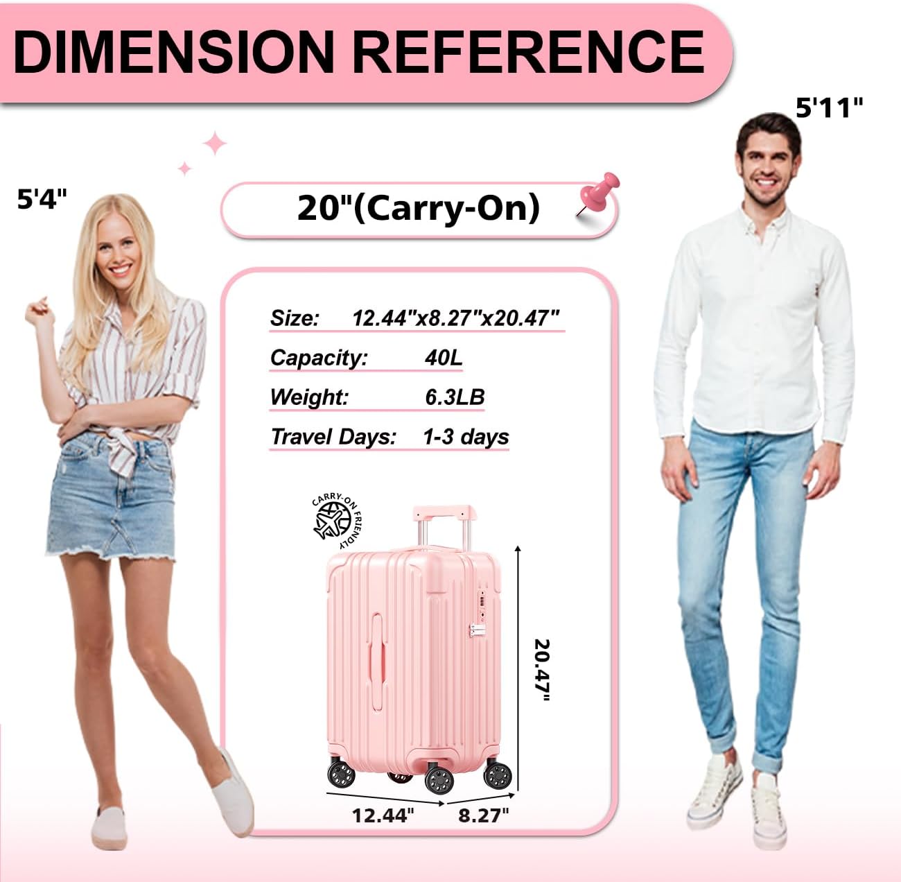 Krute Carry on Luggage PC+ABS Suitcases with Double Spinner Wheels 22x14x9 Airline Approved Luggage with TSA Lock 20 Inch (Pink)