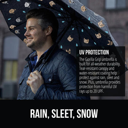 GORILLA GRIP Strong Stick Umbrella for Rain, Compact Travel One-Click Automatic Open Close, Lightweight, Portable, US Designed Reinforced Fiberglass Ribs, Wind Resistant, Easy Collapse, Cats Dogs