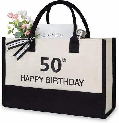 TOPDesign Embroidery Canvas Tote Bag for Women, 50th Birthday Gifts for Her, Wife, Mom, Sister, Daughter, Aunt, Best Friend, Coworker, Turning 50 Years Old Present, Personalized Bag for Beach, Holiday