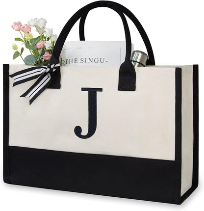 TOPDesign Embroidery Initial Canvas Tote Bag, Personalized Present Bag, Suitable for Wedding, Birthday, Beach, Holiday, is a Great Gift for Women, Mom, Teachers, Friends, Bridesmaids (Letter J)