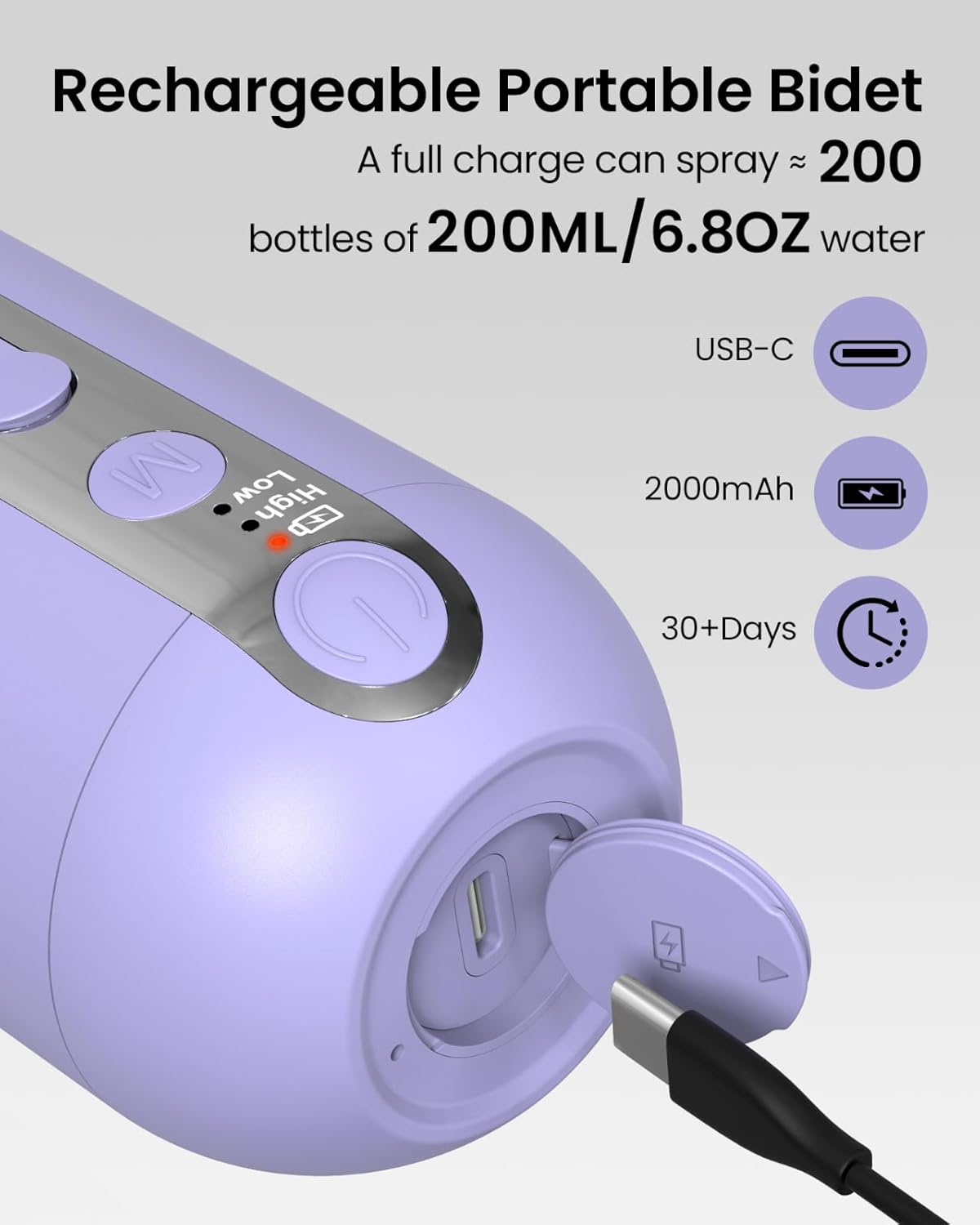 Electric Portable Bidet for Travel, Rechargeable USB-C Handheld High Pressure Sprayer, Camping 6.8oz Smart Foldable Water Storage, 2000mAh Battery Long Life, Personal Cleaner for Men & Women (Purple)