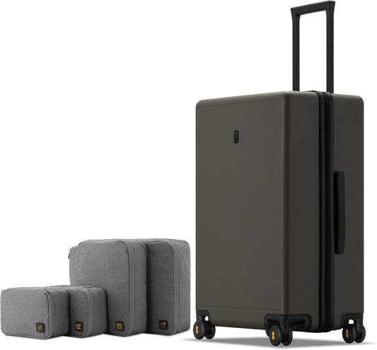 LEVEL8 Elegance Checked Luggage, 24 Inch Hardside Suitcase, Lightweight Matte Hardshell with Tsa Lock, Large Suitcases with Spinner Wheels, Olive Green