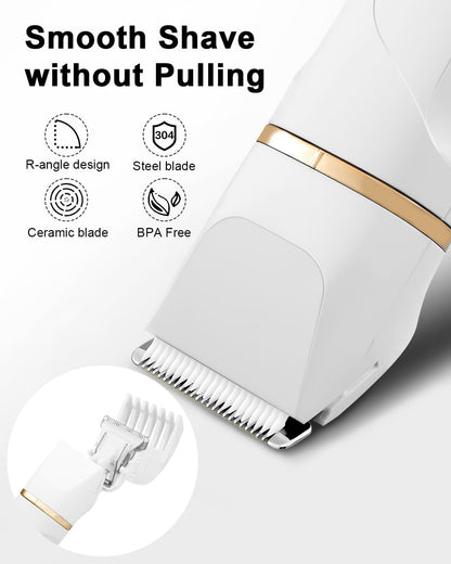 AREYZIN Bikini Trimmer for Women Painless Electric Razor for Women,3 in 1 Pubic Hair Trimmer,USB Recharge Dock,Replaceable Ceramic Blade Heads,IPX7,White