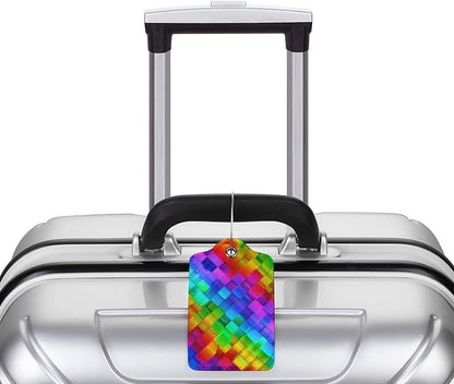2 Pcs Colorful Geometric Luggage Tags for Suitcases, Bright Rainbow Leather Baggage Tags for Luggage with Privacy Name Address Identifiers Labels & Durable Steel Loop for Women Men Travel
