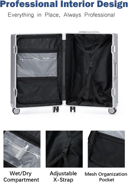 HotWay 24 Inch Aluminum Frame Luggage with Spinner Wheels, PC Hard Shell Suitcase with Cup Holder, Zipperless Luggage for Business Travel, Silver
