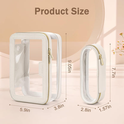 Travel Clear Makeup Bag with Makeup Brush Bag, Leather Make up Case Toiletry Bag, Portable Cosmetic Bag Case, Transparent Waterproof Cosmetic Organizer Storage Bag for Women, Off-White