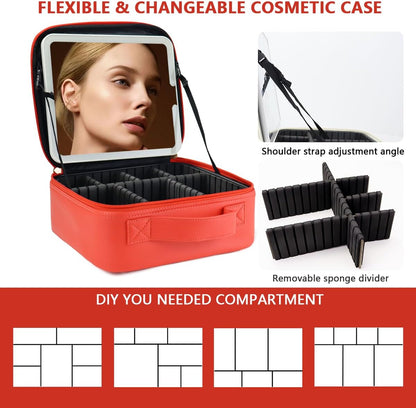 Travel Makeup Bag for Makeup Artists Large Makeup Case,with Mirror 3 Color Setting and Detachable 10x Magnifying Mirror Travel Makeup Bag,Portable Storage and Adjustable Dividers（red）