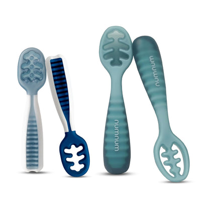 NumNum Baby Spoons Set, Baby Essentials Pre-Spoon GOOtensils for 6+ Months, First Stage Self-Feeding Spoons for Baby Led Weaning (BLW), Silicone Toddler Utensils, BPA-Free, 4 Pack Blue