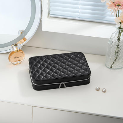 Lolalet Travel Jewelry Case for Women, Travel Jewelry Organizer Box with Mirror & Clear Storage Bag, Small Portable Traveling Earring Necklace Bracelet Ring Case, Bridesmaid Gifts -Large, Black