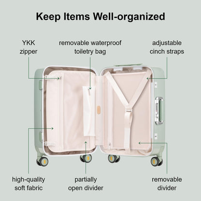 LEVEL8 Zipperless Carry On Luggage Airline Approved with Aluminum Frame, Cute Hardside Suitcase with Spinner Wheels, Metal Rolling Travel Case with Tsa Locks, 20 Inch, Light Green