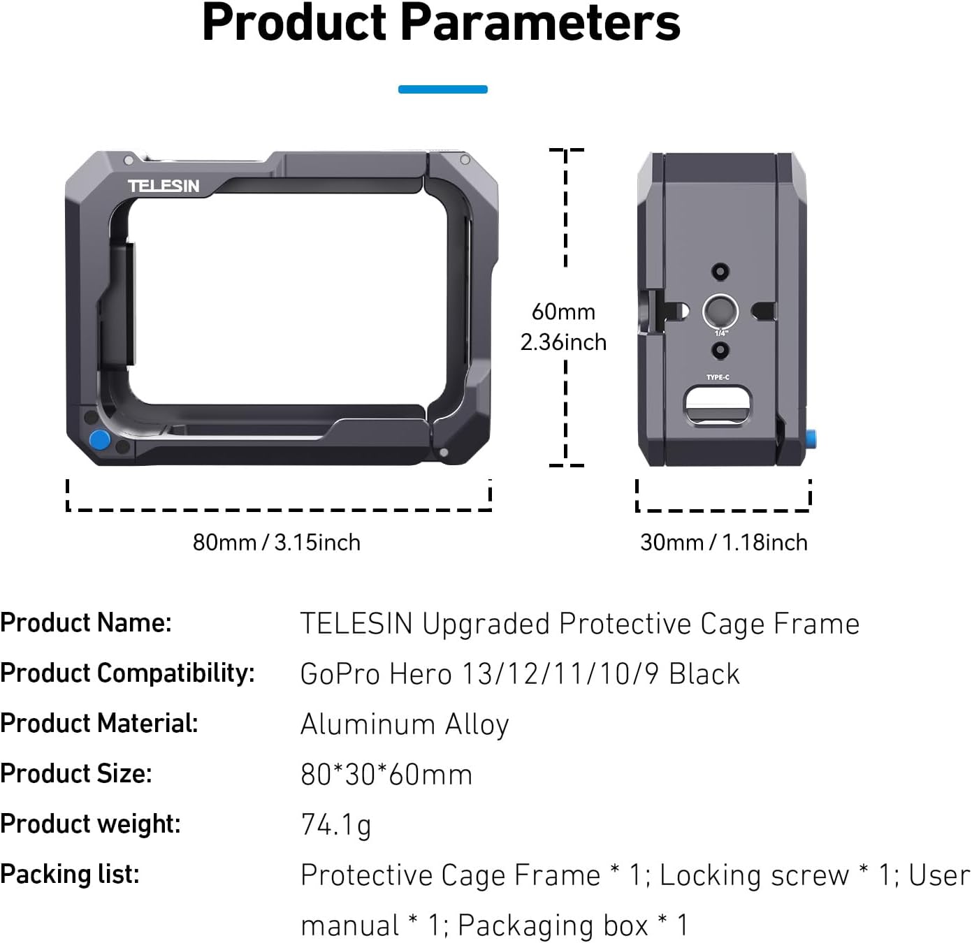TELESIN Upgraded Aluminum Alloy Cage Frame Housing for Go Pro 13 12 11 10 9 Black, Supports Go Pro 13 Quick-Release System & Magnetic Charging, with 1/4" Thread & Cold Shoe for Video Light Microphone
