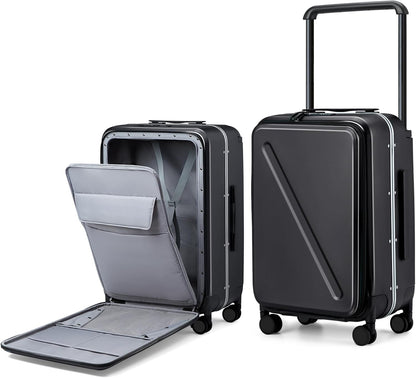 MILADA Wide Handle Luggage with Front Pocket Hardshell Aluminium Check In Suitcase with Wheels Medium 24 Inch Front Opening Checked Luggage with Spinner Wheels TSA Lock Airline Approved Luggage, Black