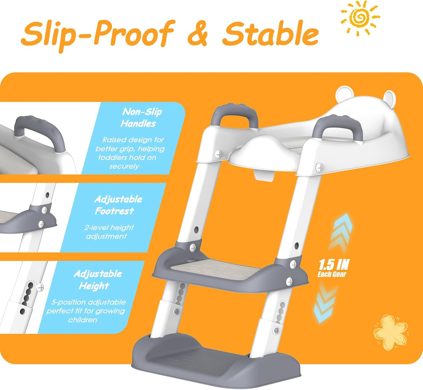 HBTower Potty Training Seat with Step Stool Ladder for Toddlers, Adjustable Kids Toilet Seat with Splash Guard, Anti-Slip Pads & Safety Handles, Comfortable Potty Chair for Boys & Girls (Grey)