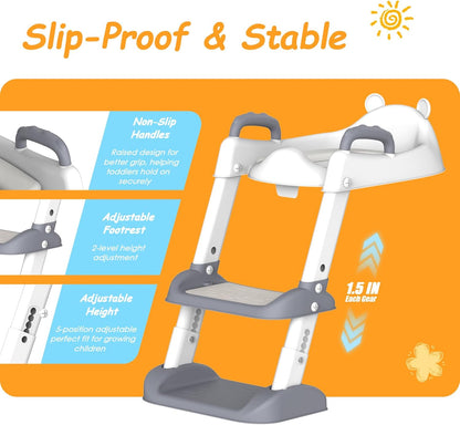HBTower Potty Training Seat with Step Stool Ladder for Toddlers, Adjustable Kids Toilet Seat with Splash Guard, Anti-Slip Pads & Safety Handles, Comfortable Potty Chair for Boys & Girls (Grey)
