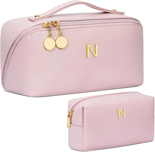 Birthday Gifts for Women Teen Girl, Personalized Initial Makeup Organizer Bag Set, Open Flat Travel Cosmetic Bag With Clear Divider and Handle(Pink,N)