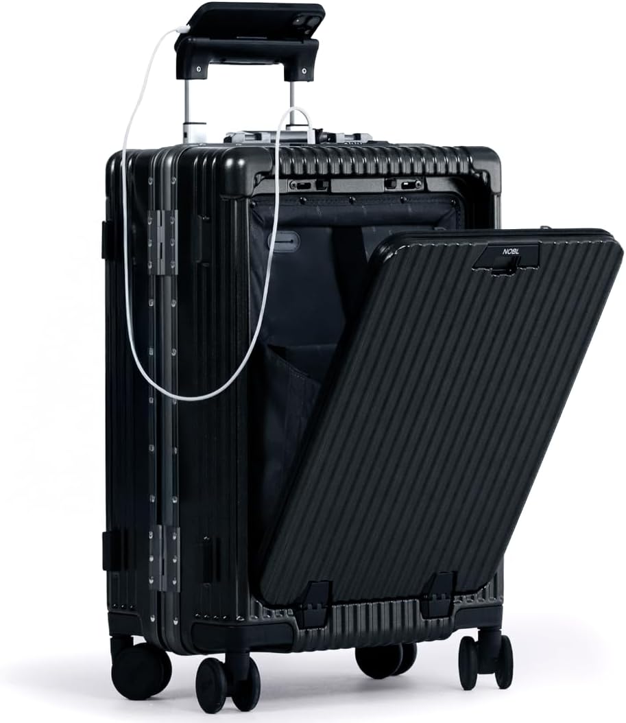 Nobl Travel Carry On Luggage, Noble Zipperless Aluminum Frame, 22.5x15x9.5, 360 Degree Spinner Wheels, TSA Locks, USB Charging Port, Cup & Phone Holder - Black