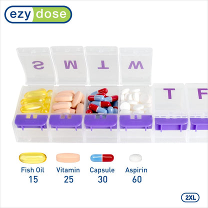 EZY DOSE Pill Organizer Weekly (7-Day), Medicine Planner, Vitamin Case/Box, 2X-Large Push-Button Compartments, Easy to Use, Travel-Friendly, Purple, BPA Free