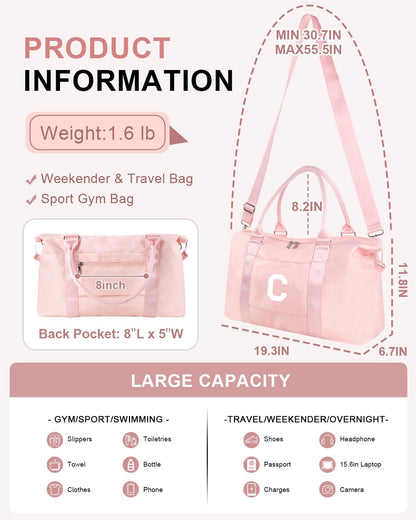 Initial Travel Duffel Bag Sports Gym Bag for Girls Teen Birthday Gifts,Pink Personalized Weekender Bag Carry On Tote Bags for Women Men,Waterproof Overnight Luggage Bag with Trolley Sleeve(Letter C)
