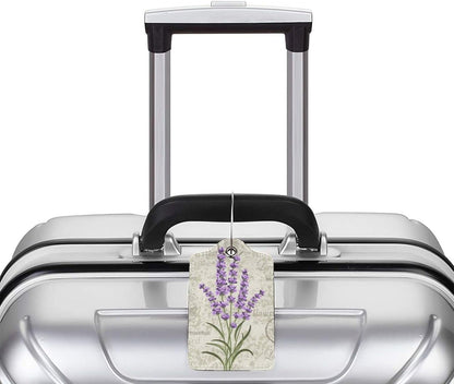 2 Pcs Purple Lavender Luggage Tags for Women Girls Travel, Cute Flower PU Leather Bag Tags Baggage for Suitcases with Stainless Steel Loop & Privacy Name ID Card Cover Identifiers Labels Set