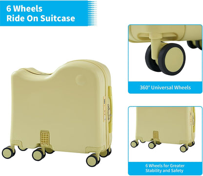 TABU Ride-on Luggage with Handbag for Kids，Hardshell Carry On Suitcase with Hidden Cup Holder, Foldable Pedal,Type-C & USB Interface, TSA Lock, 6-Spinner Wheels, Yellow