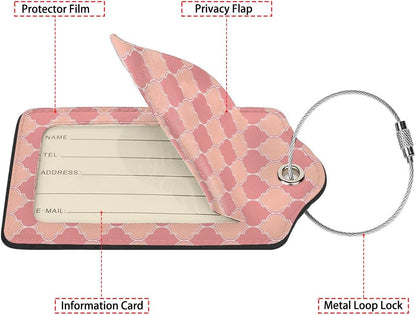 Pink Moroccan Plaid 2 Pack Luggage Tag for Suitcase, Leather Bag Tags Identifiers Privacy Cover ID Label with Steel Loop for Women Men Kids Girls Travel