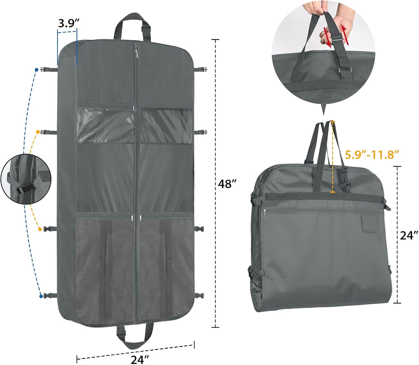 Zilink Upgraded Garment Bags for Travel Hanging Fur Coat Storage Bag Suit Bags for Men Storage with Adjustable Handles and Stable Buckles for Suit Shirts Coats Dresses, Grey
